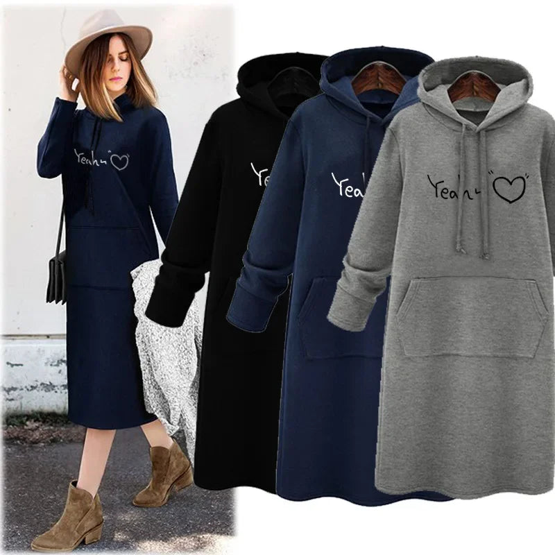 Thickened Fleece Hoodie Women's Long Sleeve round Neck Pullover Sweatshirt Winter Warm Style Loose Slimming Mid-Length Hoodie