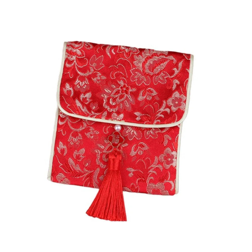 New Year Blessing Words Brocade Red Envelope Tassel Spring Festival Money Pocket Embroidery Best Wishes New Year Money Bag
