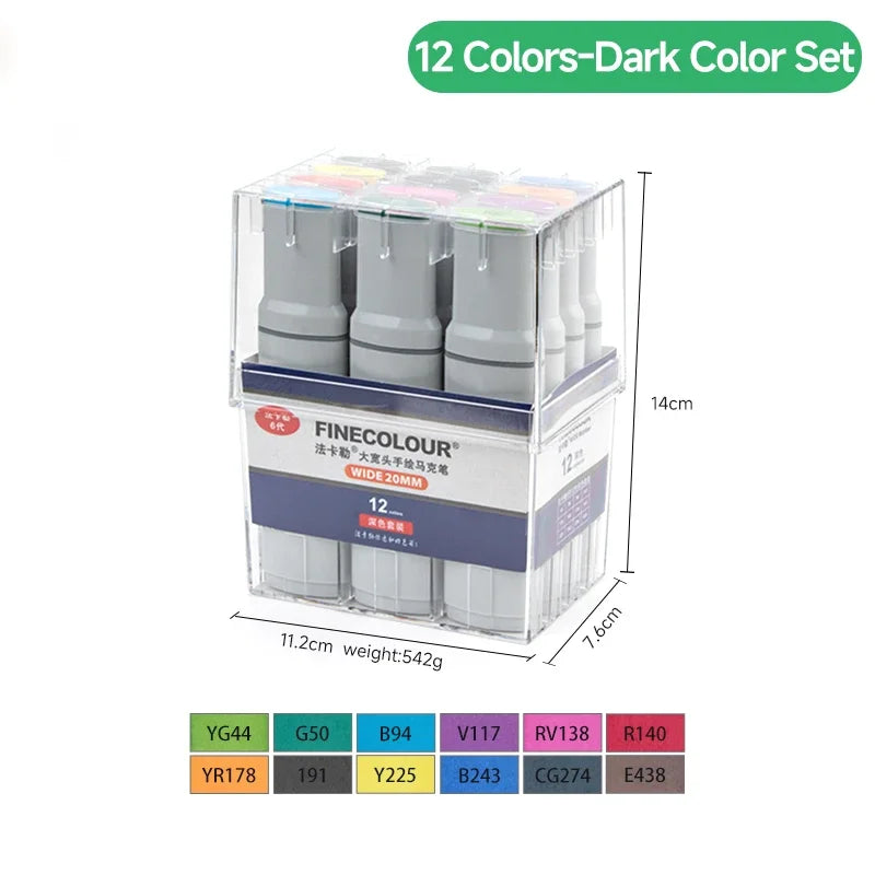 Finecolour EF105 20mm Wide Markers 12colors Alcohol Line Sketching Art Markers Pen Drawing For Large Area Painting Art Supplies