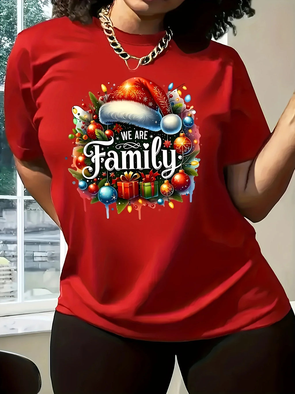 Women'S Christmas T-Shirt - Red Holiday Party Top with We Are Family Text Y2k Ladies Clothes Oversized T-shirt Woman Clothing