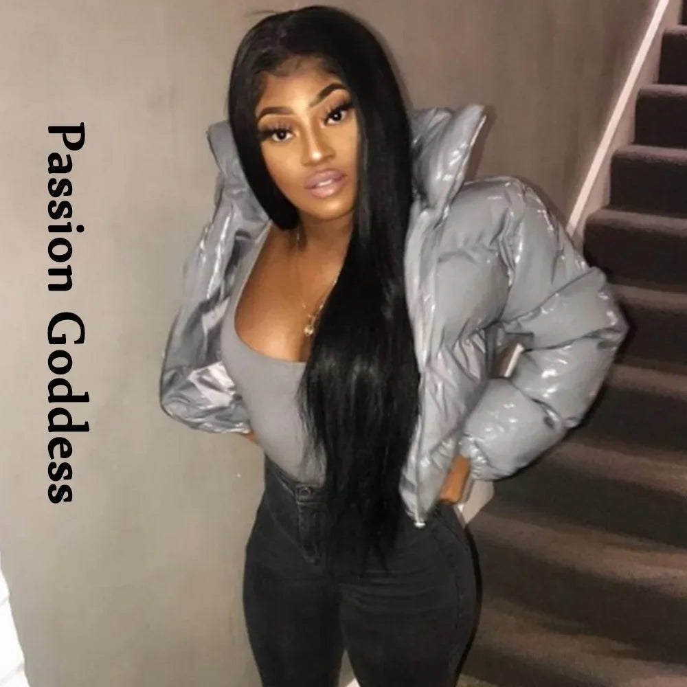 Winter Women Shiny Leather Puffer Jacket Cropped Parka Down Warm Thick Bubble Coats Black PU Leather Parkas Loose Zipper Jackets