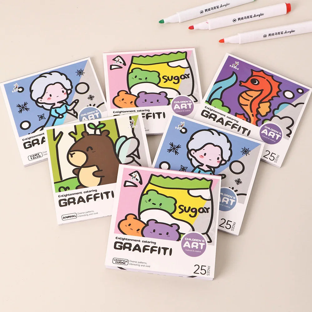 2025 New Cartoon Convenient Coloring Book 25 Sheets Mini Watercolor Coloring Book Painting Album Graffiti Coloring Book