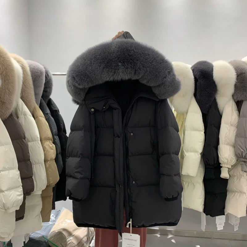 Winter Clothes for Women New 90 White Duck Down Thick Warm Gutless Long Down Coats Fox Big Fur Collar Casual Loose Hooded Parka
