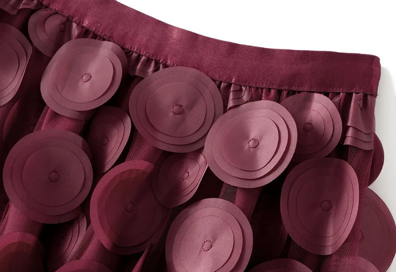 Autumn Winter 3D Circular Applique Mesh Long Skirts 2024 Korean Fashion Hepburn Style High Waist A-LINE Skirt