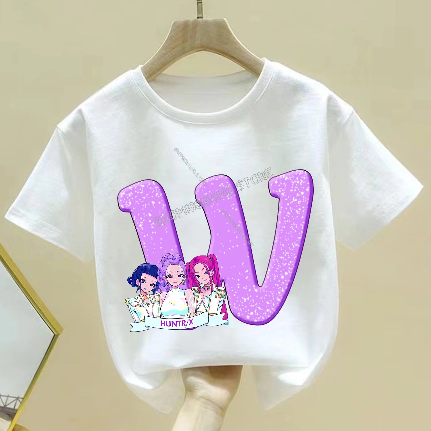 KPop Demon Hunters T-shirt for Children Cartoon A-Z Letters Tee Top White Round Collar Clothes Kids Short Sleeve Clothing Gift