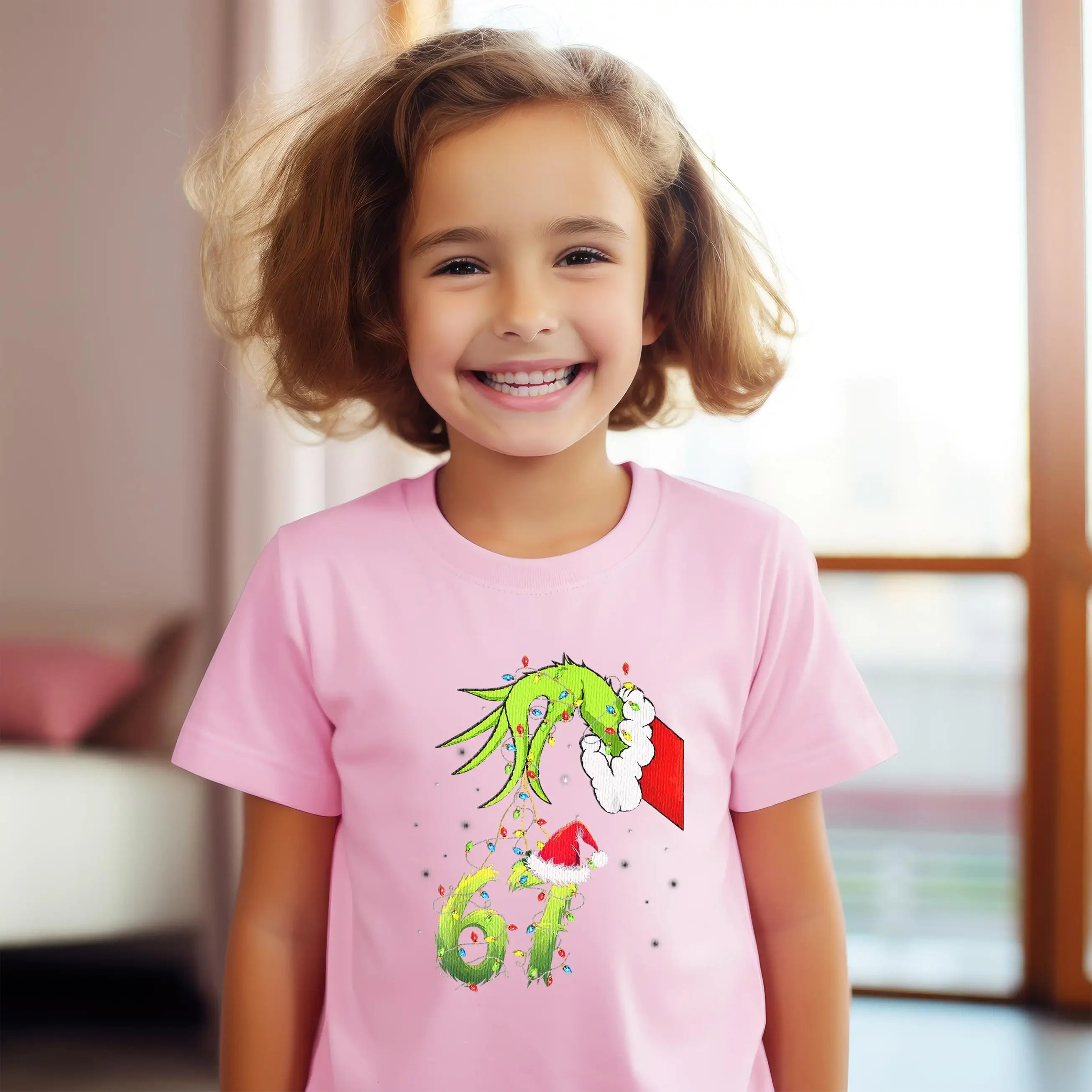 Kids' Version "Grimm's Hand 67" Emoji T-shirt Fun "67" Christmas T-shirt Grinch Christmas Light Shirt Children's Holiday Gift