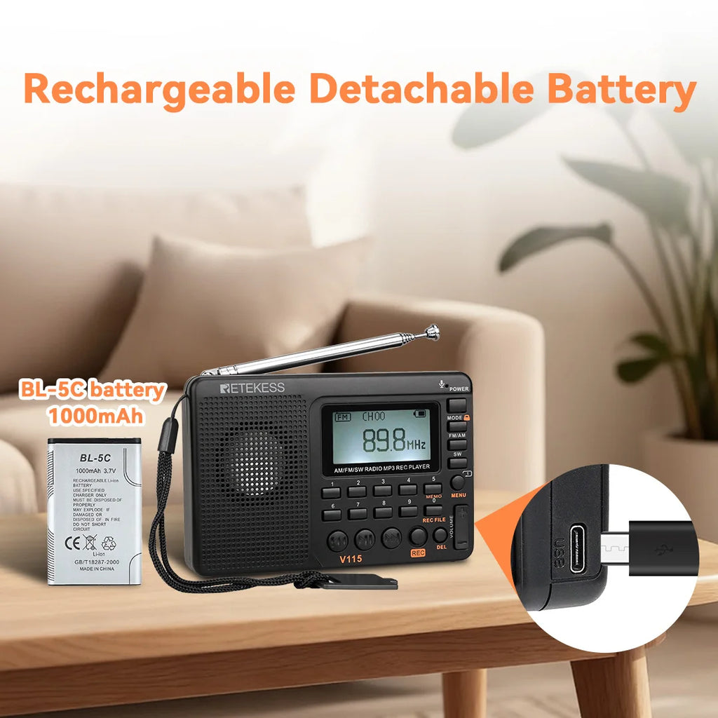 Retekess V115 radio Portable am fm Shortwave radio mini rechargeable radio with MP3 Player, Excellent Sound for Camping and Gift