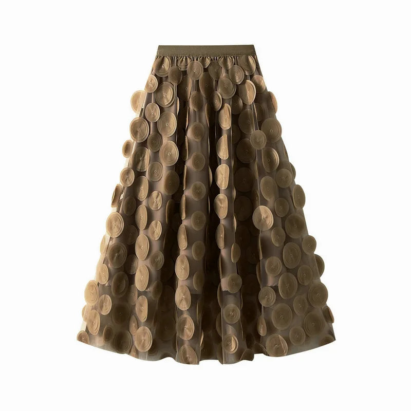 Autumn Winter 3D Circular Applique Mesh Long Skirts 2024 Korean Fashion Hepburn Style High Waist A-LINE Skirt