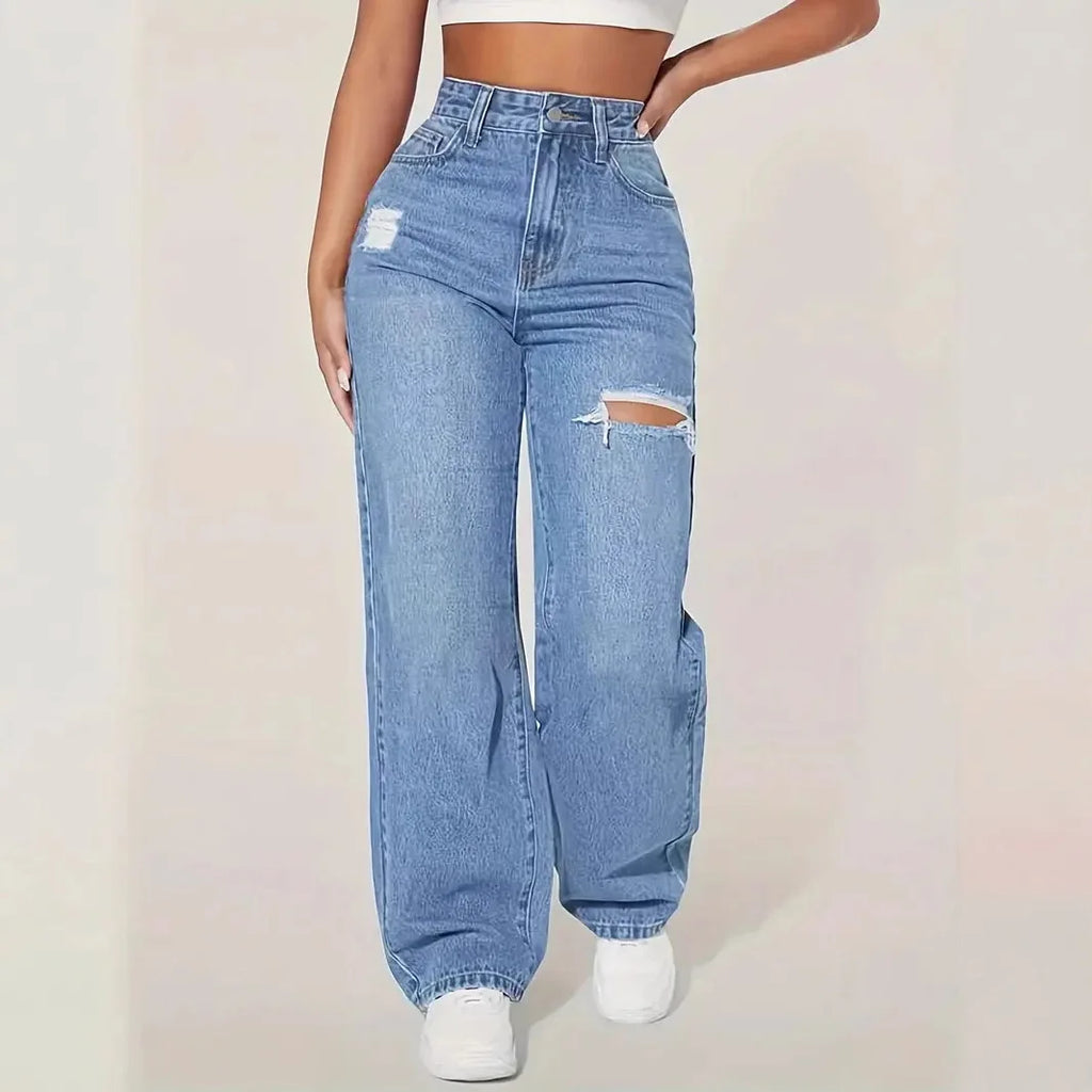 2025 Washed Ripped High-waisted Wide-leg Jeans. New Four Seasons Fashionable and Versatile Casual Floor-length Jeans for Women