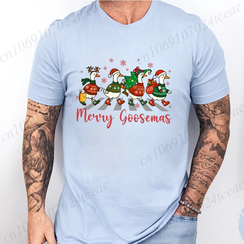 Christmas Family T Shirt for Men Women Funny Goose Group Matching Christmas Print Men Top Graphic Fashion Design T-Shirt Casual