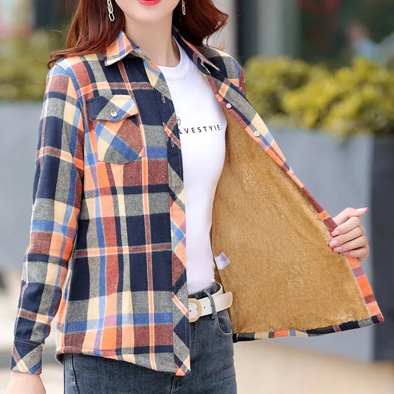 Thickened Fleece Women's Long Sleeve Shirt Autumn Winter New Style Warm Plaid Loose Fit Korean Style Cotton Button up Top