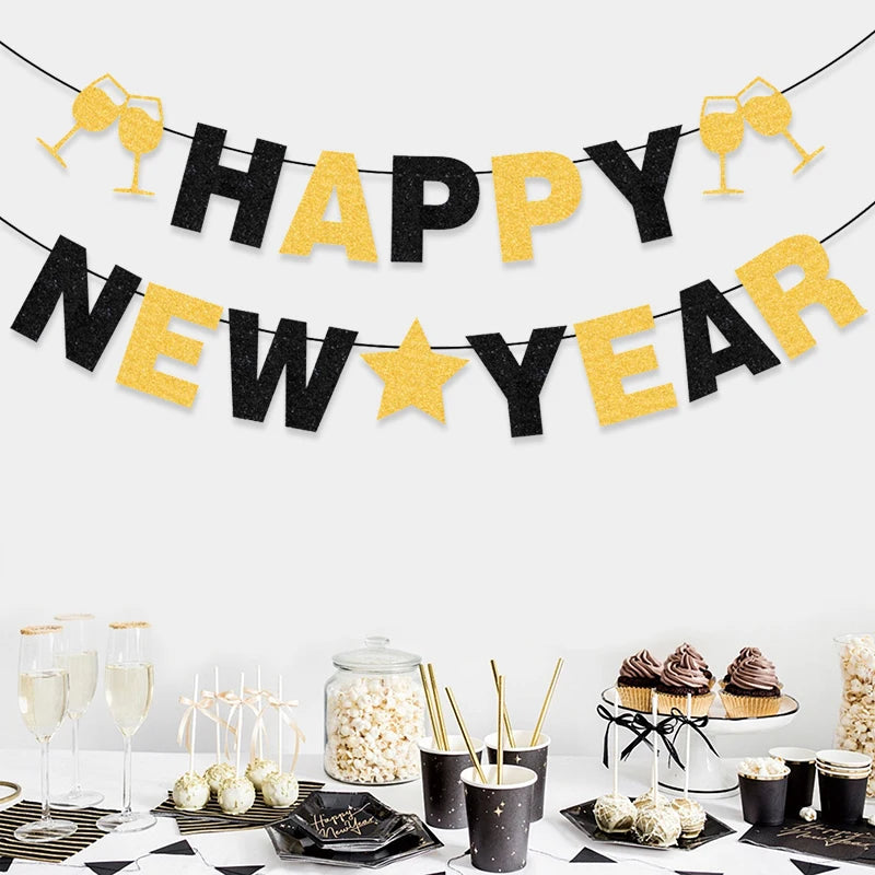 2026 Happy New Year Banner, Black and Gold with Glitter and Wine Glasses,New Year Party Decoration