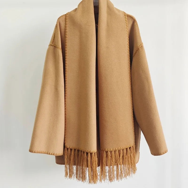 Winter Woolen Jacket New Contrast Color Embroidery Scarf Coats for Women