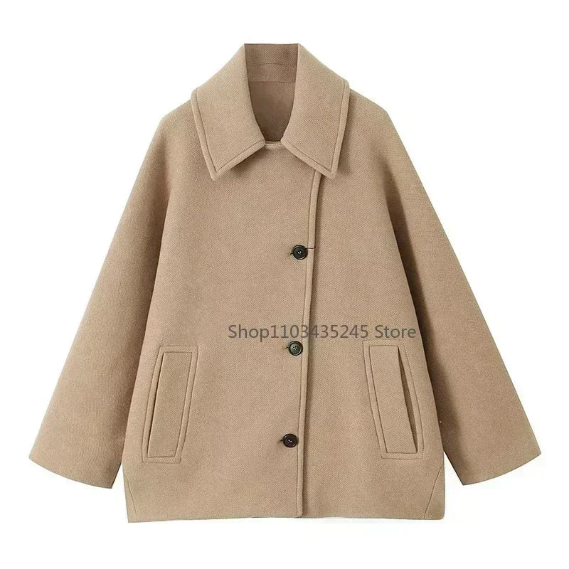 Fashion Lapel Woolen Jacket For Women 2025 Spring Single Breasted Long Sleeve Coats Female Elegant Oversized Chic Street Outwear