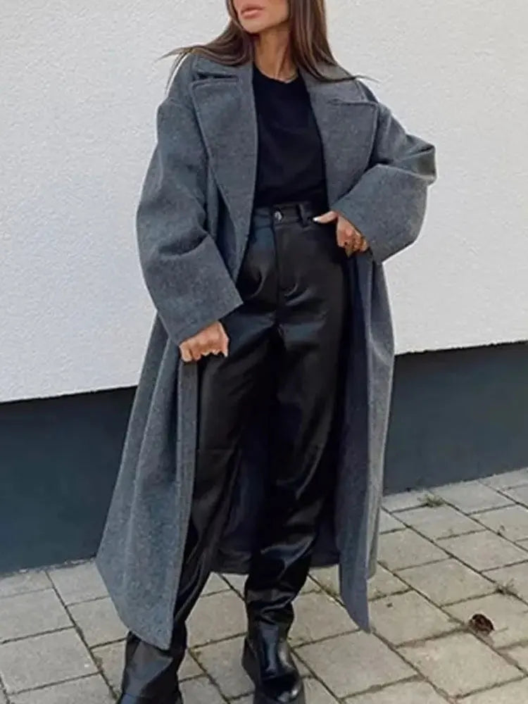 Winter Coat For Women 2024 Solid Lapel Double Breasted Long Cardigan Top Female Pokcet Streetwear Woman New In OuterCoat