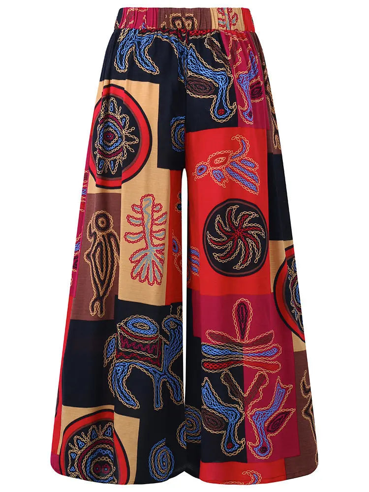 Vintage Printed Wide Leg Long Pants Women Spring Summer New Fashion Casual Vacation Loose Wide Legs Trousers Lady Trendy Pants