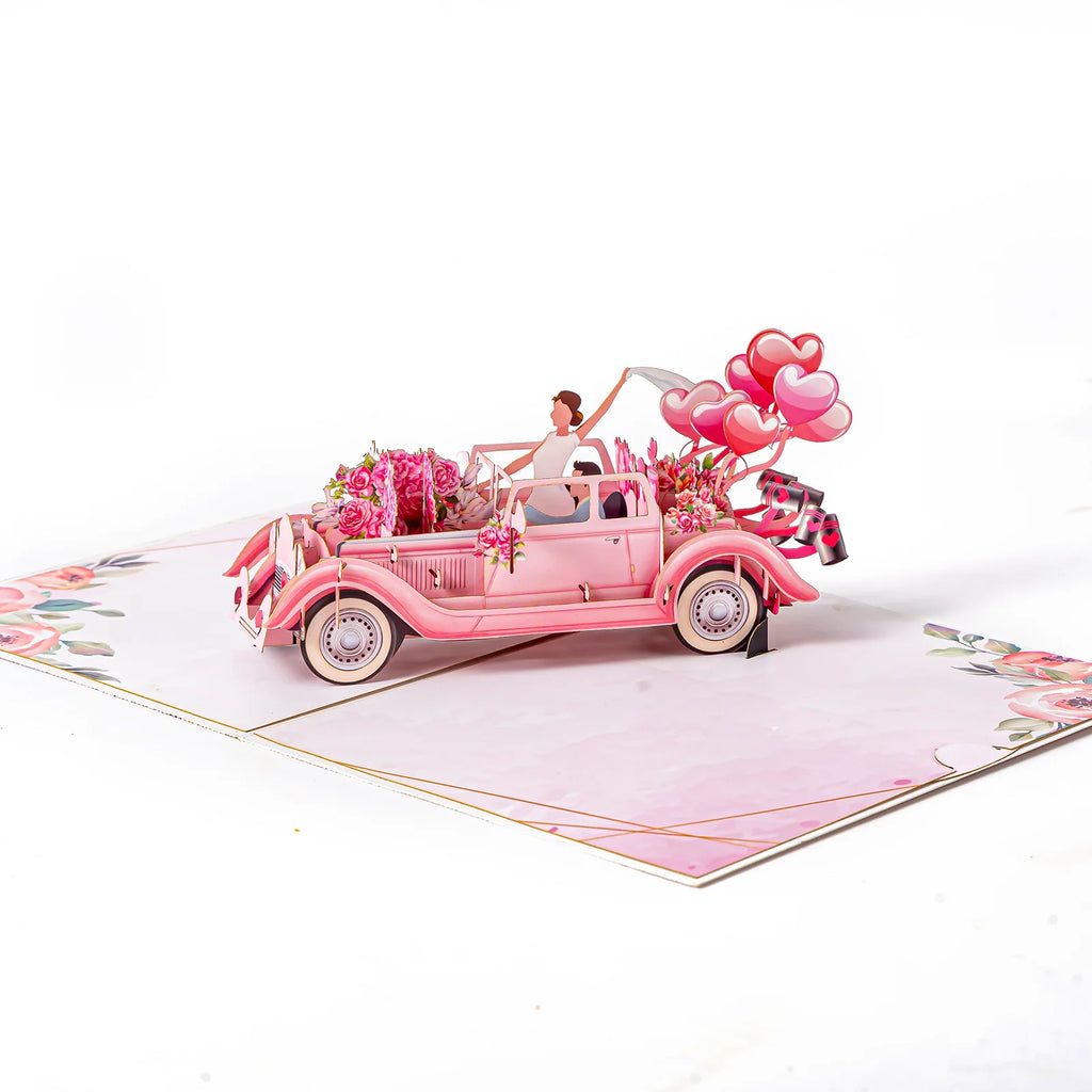 Valentine Wedding Car Balloon Flower Couple Pop up Card, Romantic 3D Greeting Card for Couples