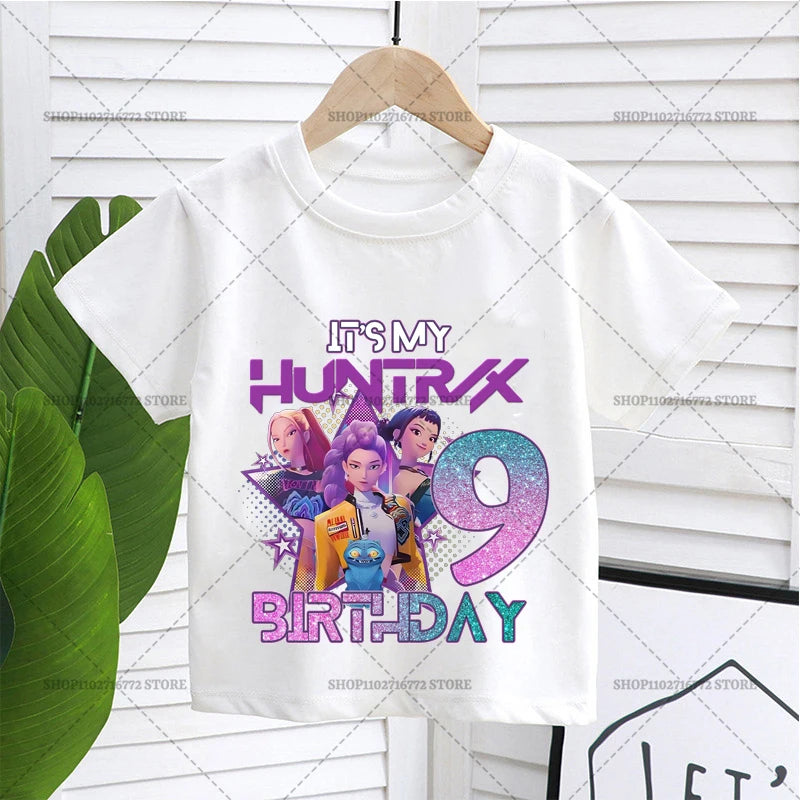 Cartoon Huntrix Number T-shirt Cute Birthday Top Girl Tee Summer Short Sleeve Cotton Boutique Child Clothing Kpop Demon Hunters