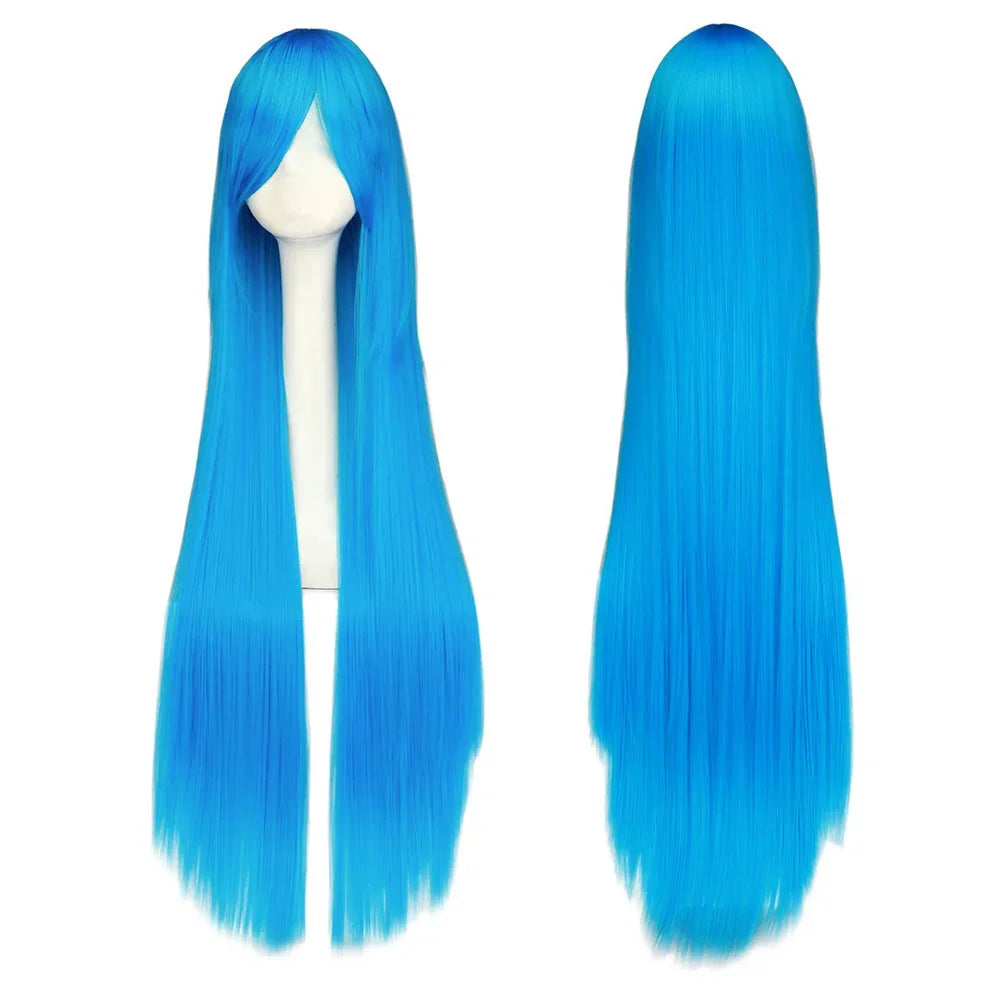 QQXCAIW Long Straight Cosplay Wig Black Purple Black Red Pink Blue Dark Brown 100 Cm Synthetic Hair Wigs
