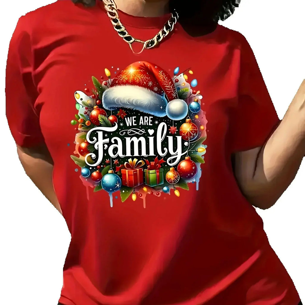 Women'S Christmas T-Shirt - Red Holiday Party Top with We Are Family Text Y2k Ladies Clothes Oversized T-shirt Woman Clothing