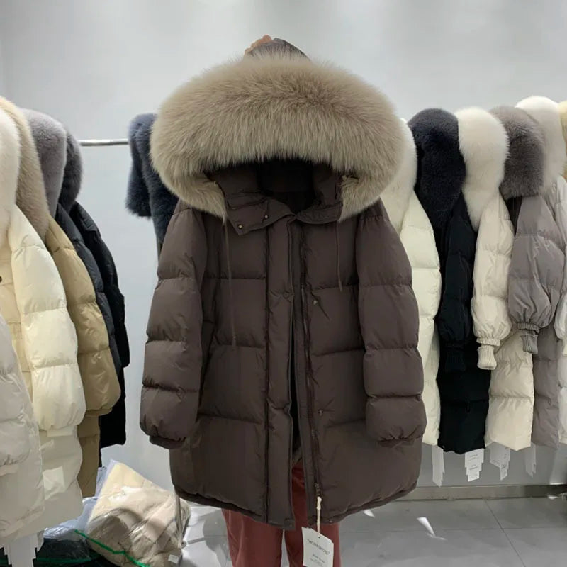 Winter Clothes for Women New 90 White Duck Down Thick Warm Gutless Long Down Coats Fox Big Fur Collar Casual Loose Hooded Parka