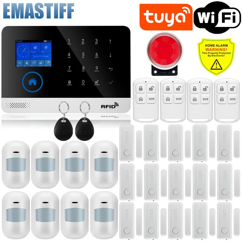 Wireless Tuya APP SIM GSM Home RFID Burglar Security LCD Touch Keyboard WIFI GSM Alarm System Sensor kit Russian,Spanish Voice