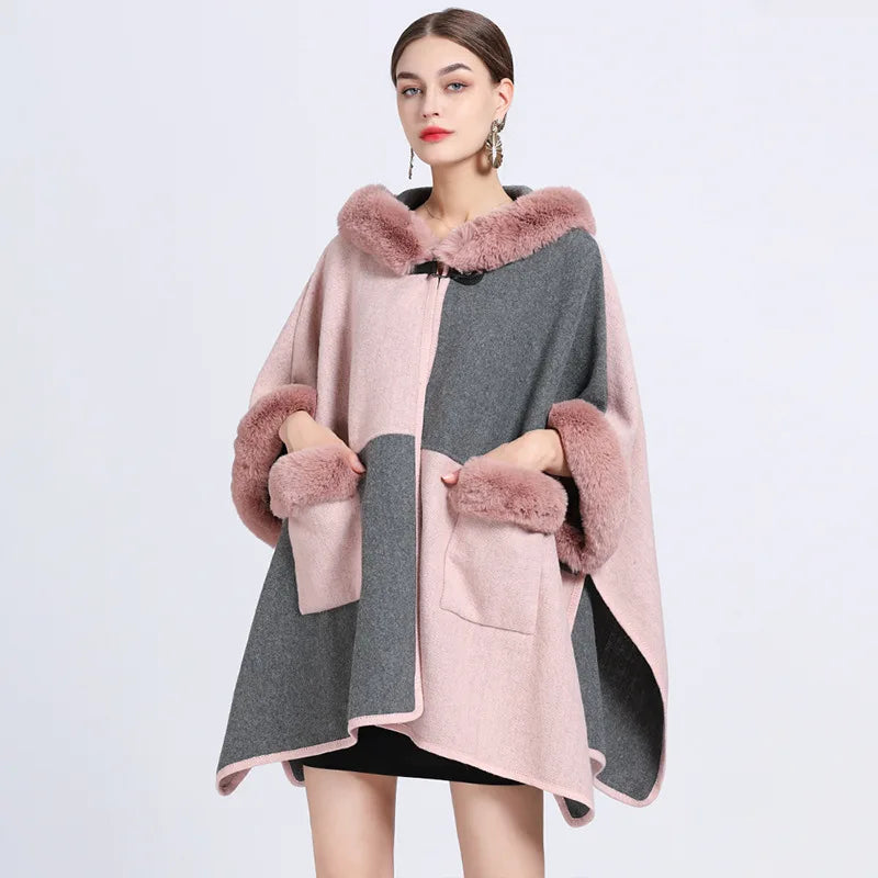 Contrast Color Winter Women Faux Fur Collar Loose Cape Outstreet Wear Warm Thick Poncho Cardigan Lady Coat With Hat Pocket
