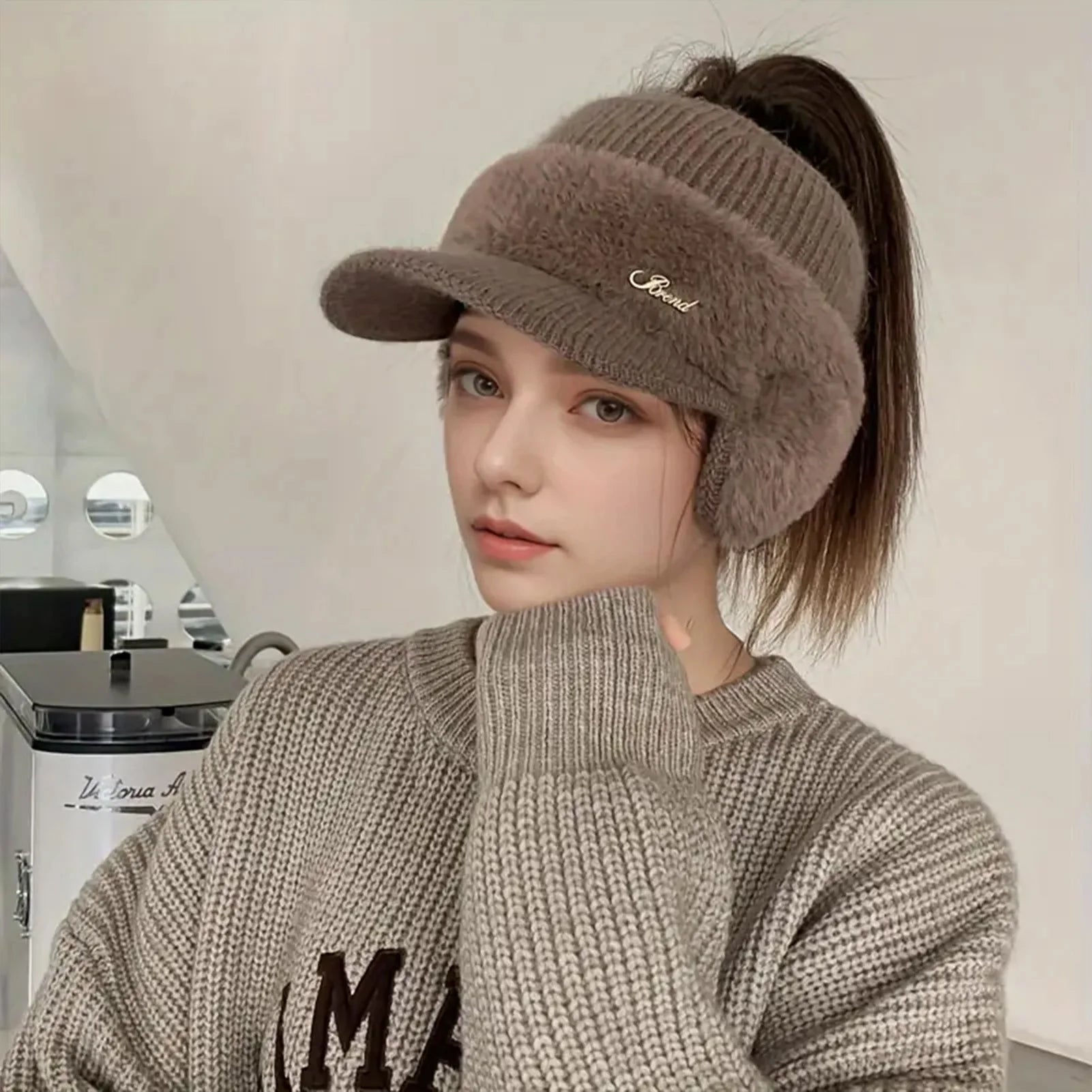 Winter Hat for Women New Fashion Winter Warm Ear Wing Knitted Cap Baseball Cap Outdoor Sports Windproof Ponytail Hat Visor