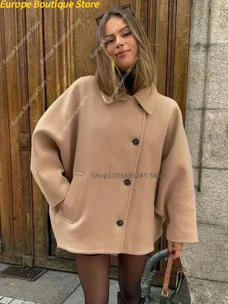 Fashion Lapel Woolen Jacket For Women 2025 Spring Single Breasted Long Sleeve Coats Female Elegant Oversized Chic Street Outwear
