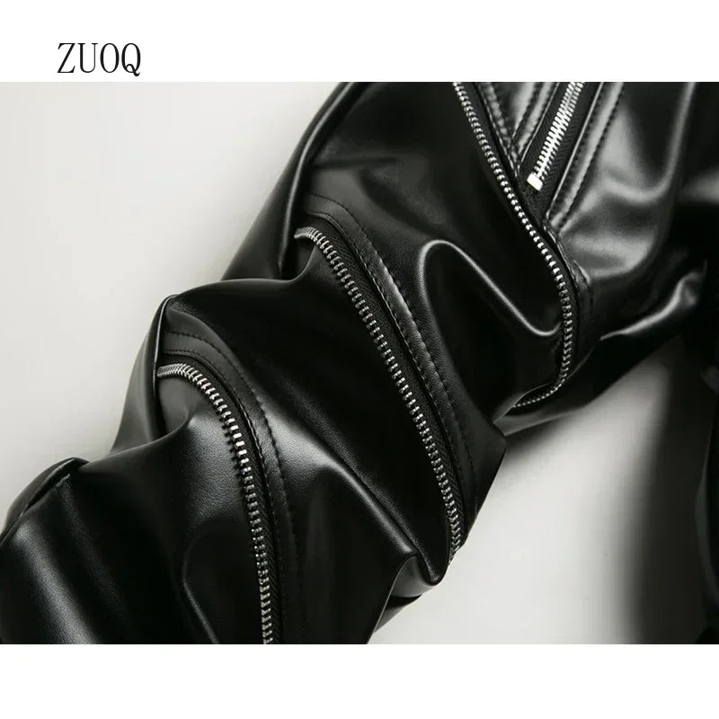 New Winter Men Skinny Biker Pu Leather Pants High Street Fashion Motorcycle Trousers for Male Stage Club Wear