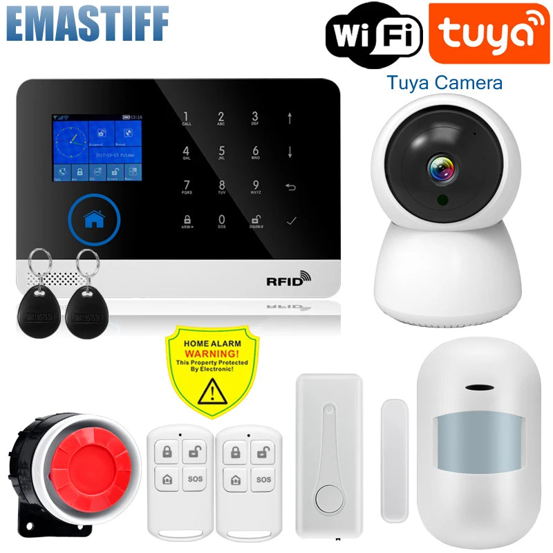 Wireless Tuya APP SIM GSM Home RFID Burglar Security LCD Touch Keyboard WIFI GSM Alarm System Sensor kit Russian,Spanish Voice