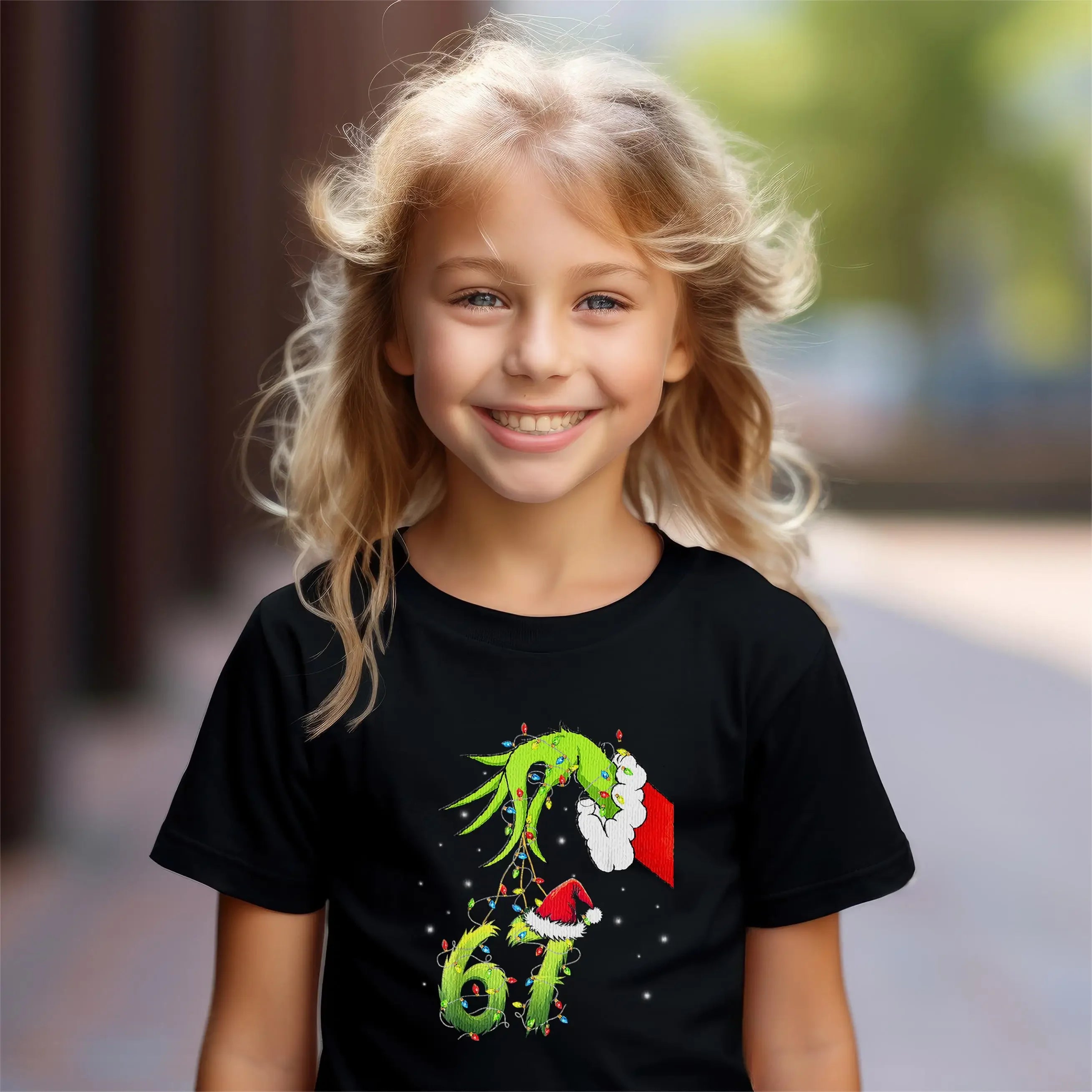 Kids' Version "Grimm's Hand 67" Emoji T-shirt Fun "67" Christmas T-shirt Grinch Christmas Light Shirt Children's Holiday Gift