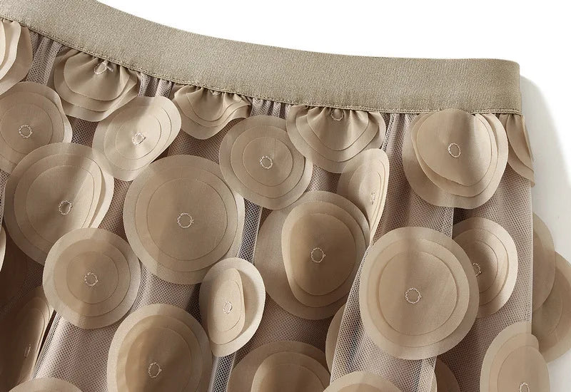 Autumn Winter 3D Circular Applique Mesh Long Skirts 2024 Korean Fashion Hepburn Style High Waist A-LINE Skirt