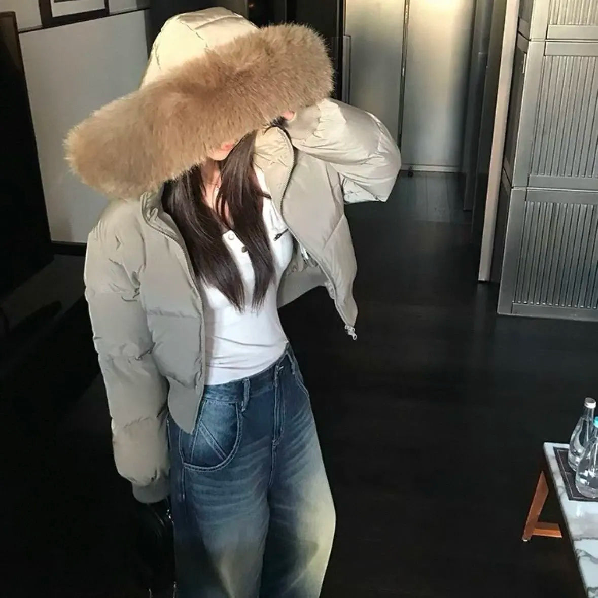 Winter Parkas Women Jacket New Down Cotton Padded Parka Fur Collar Long Sleeves Casual Snow Wear Coat Female Jackets Outwear