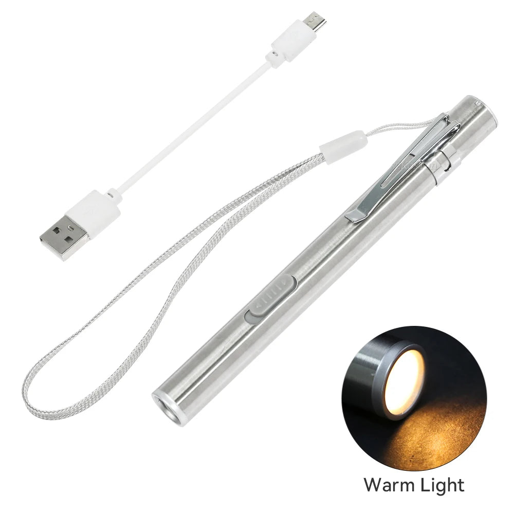 Energy-saving Portable Professional Medical Handy Pen Light USB Rechargeable Mini Flashlight LED Torch with Stainless Steel Clip