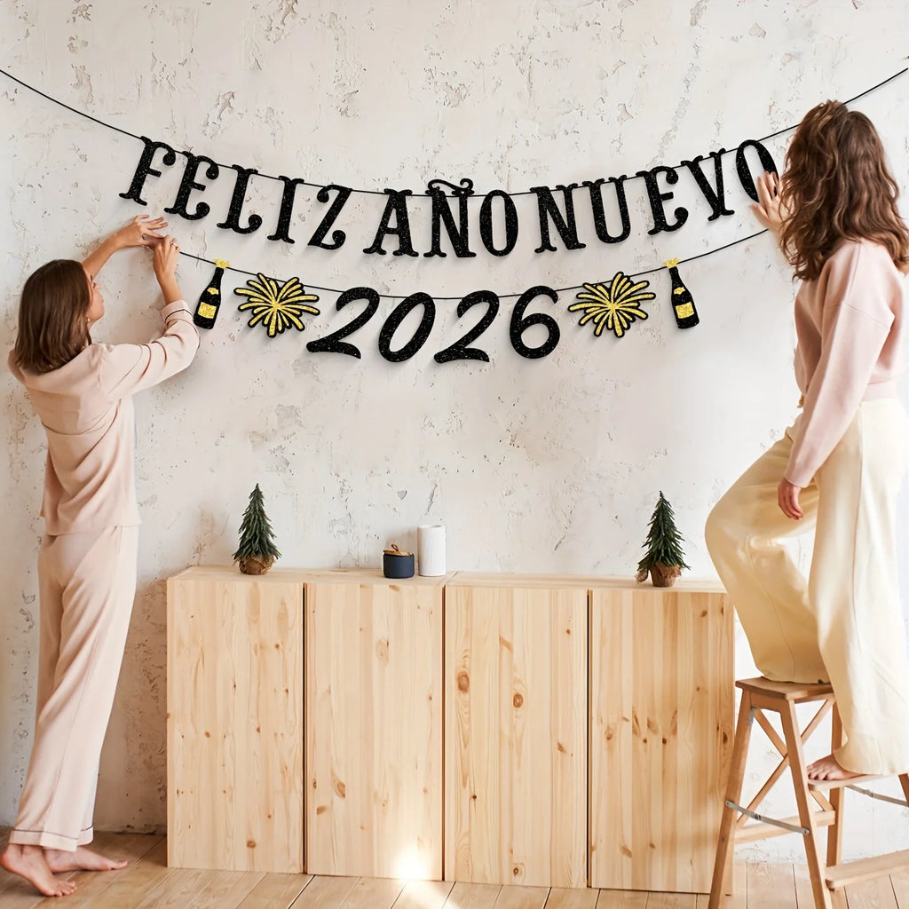 Spanish Happy New Year Party Banner Feliz Año Nuevo 2026 Party Decoration New Years Eve Decorations Glitter New Year 2026 Party