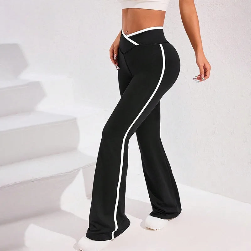Side Stripe Flared Yoga Pants Women Cross Waist High Rise Butt Lifting Wide Leg Outdoor Slim Fit  Wicking Sportswear