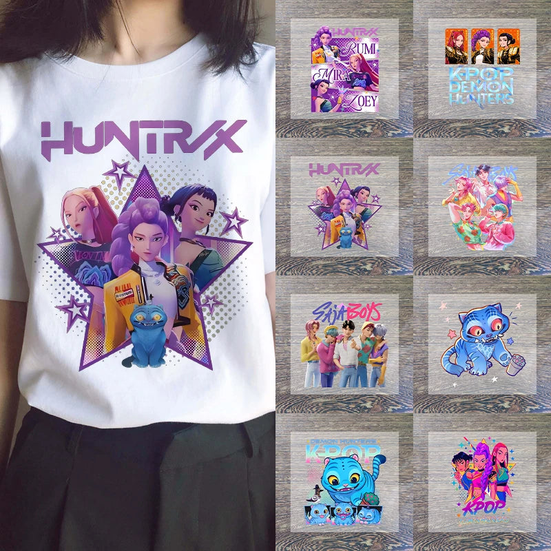 K Pop Demon Hunters Cartoon Iron on Patches for Clothing Kawaii DIY Heat Transfer Stickers Adult Children Clothes Custom Sticker