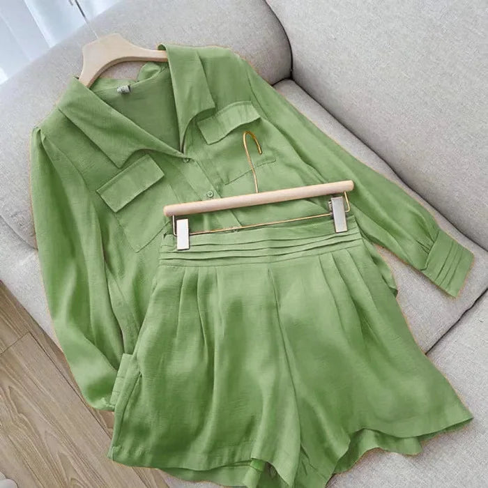 New Sports Suit Casual Fashion Loose Pocket Single-breasted Suit Top Shirt Lapel Solid Color Shorts Two-piece Set