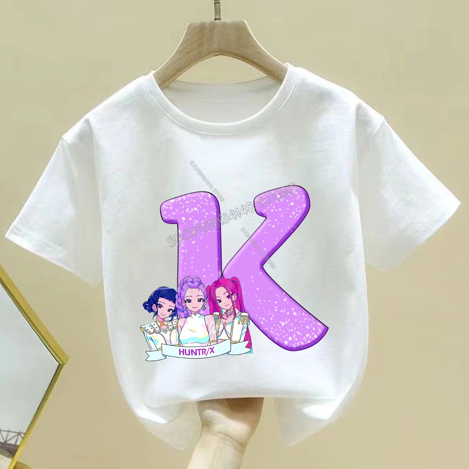 KPop Demon Hunters T-shirt for Children Cartoon A-Z Letters Tee Top White Round Collar Clothes Kids Short Sleeve Clothing Gift
