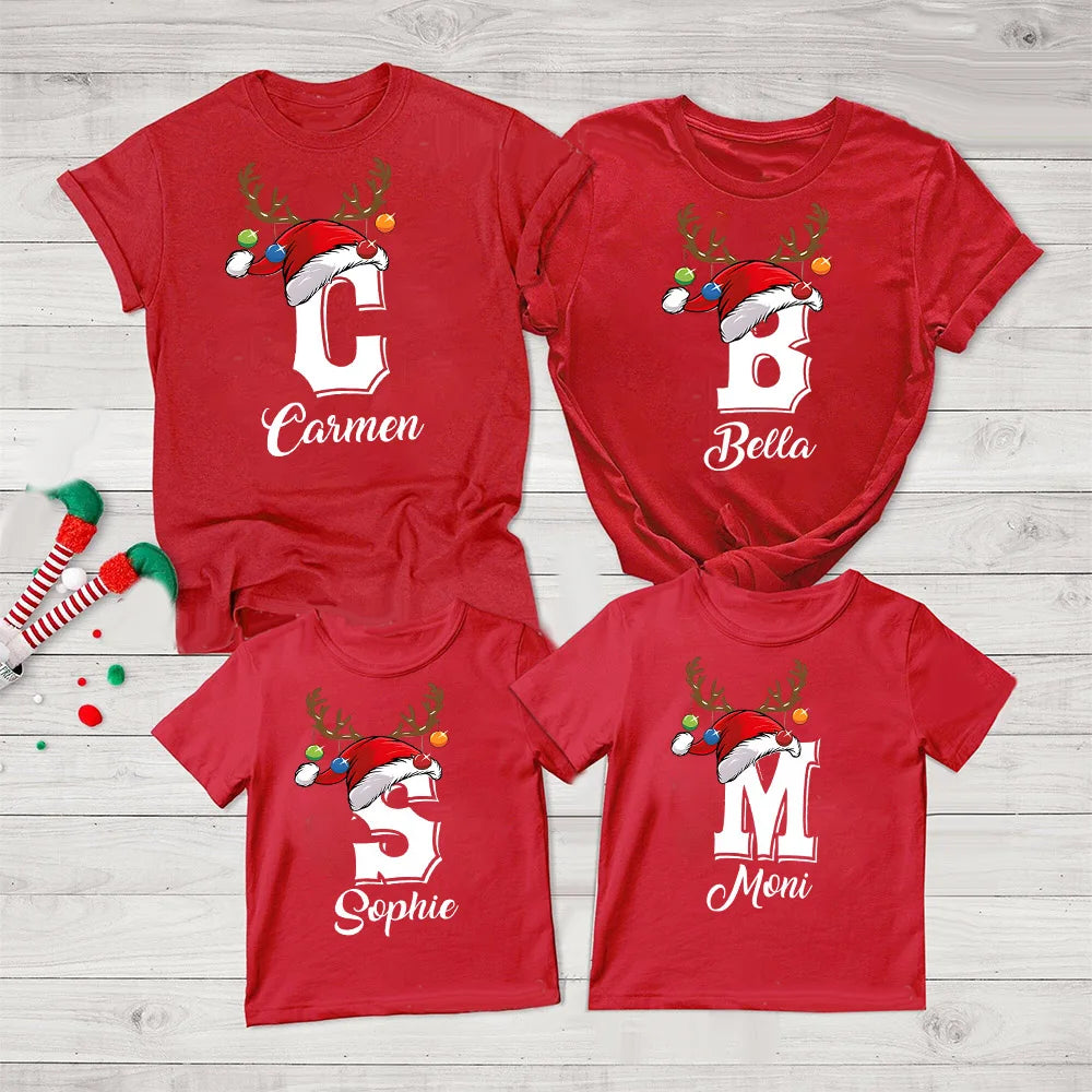Personalized Christmas Family Matching Clothes Initial with Name Mom Dad Daughter Son Baby Tops Shirt Holiday Girl Boy T-shirt