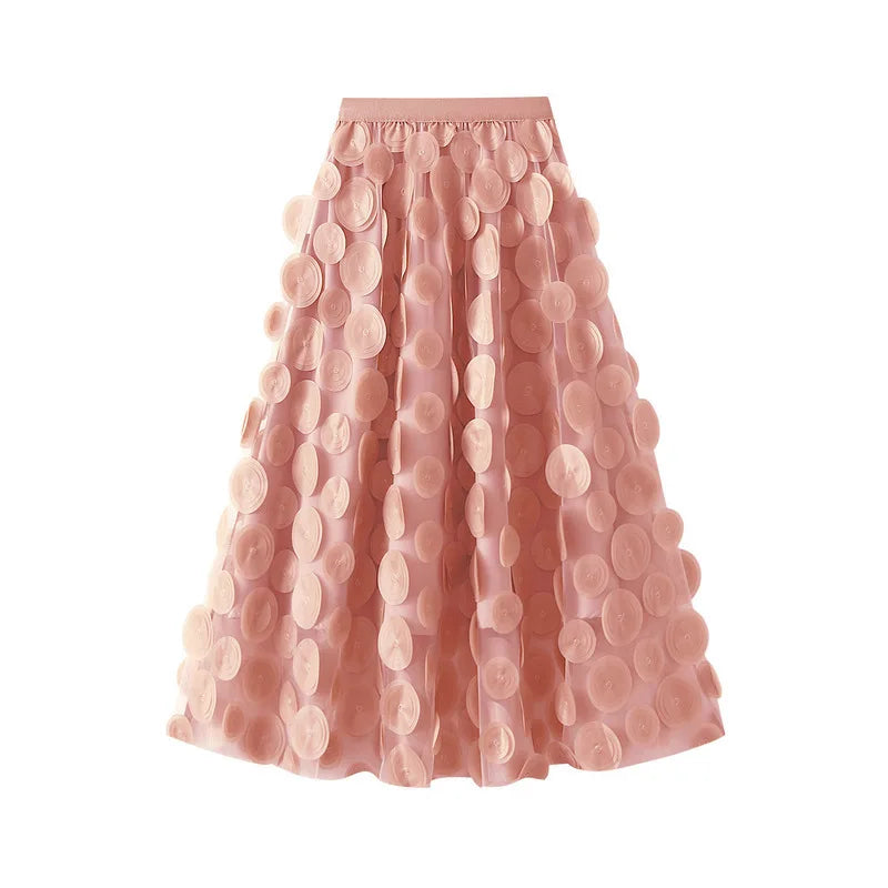 Autumn Winter 3D Circular Applique Mesh Long Skirts 2024 Korean Fashion Hepburn Style High Waist A-LINE Skirt