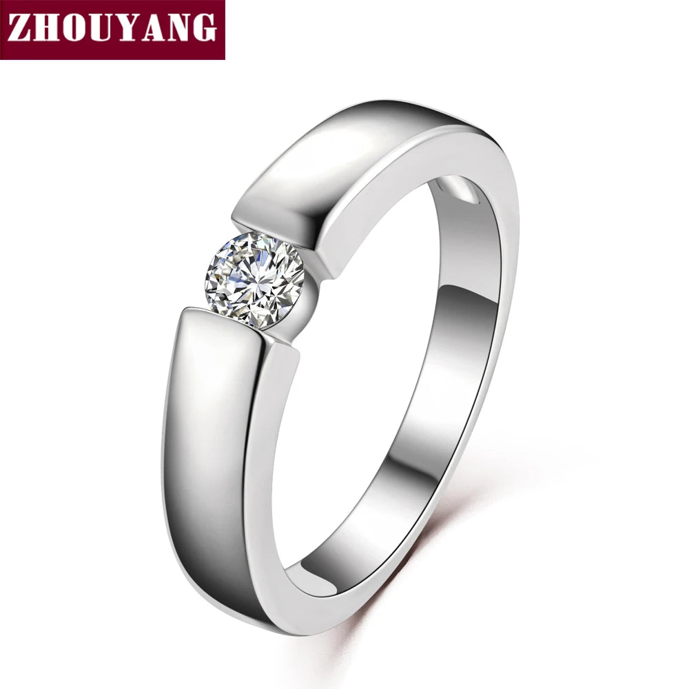 ZHOUYANG 4.5mm Hearts and Arrows Cubic Zirconia Wedding Ring Rose Gold Color & Silver Color Classical Finger Ring R400 R406