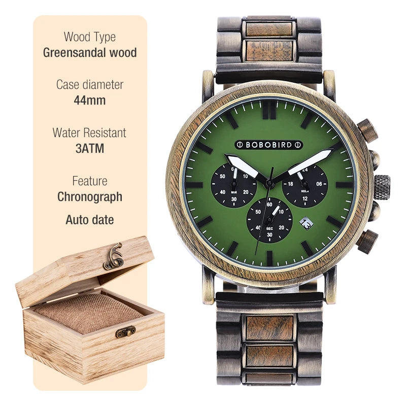 BOBO BIRD Wooden Watch Men erkek kol saati Luxury Stylish Wood Timepieces Chronograph Military Quartz Watches Custom Wood Gift