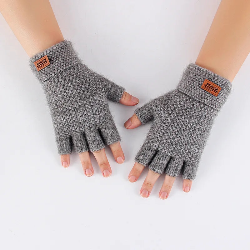 Winter Gloves For Men Half Finger Writting Office Cycling Knitted Gloves Students Alpaca Wool Warm Thick Elastic Driving Gloves