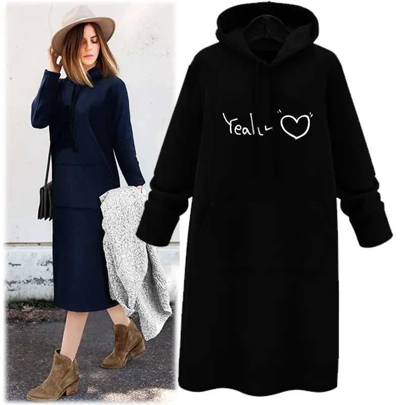 Thickened Fleece Hoodie Women's Long Sleeve round Neck Pullover Sweatshirt Winter Warm Style Loose Slimming Mid-Length Hoodie