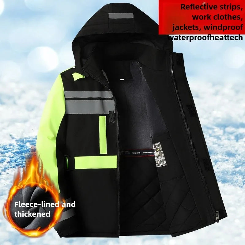 New Winter Work Jacket, Waterproof Windproof Reflective Thermal Coat with Fleece Lining, Stain Resistant