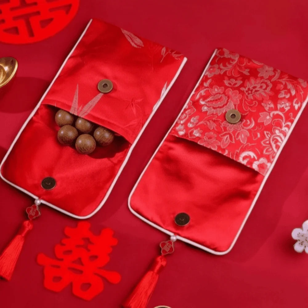 New Year Blessing Words Brocade Red Envelope Tassel Spring Festival Money Pocket Embroidery Best Wishes New Year Money Bag