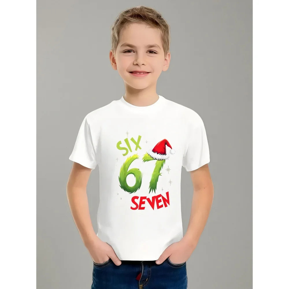 Fun Boys' Six Seven 67 Christmas Snowflake Print T-Shirt Casual O-Neck Short Sleeve Tee Fashion Short Sleeve Kids Clothes Boys