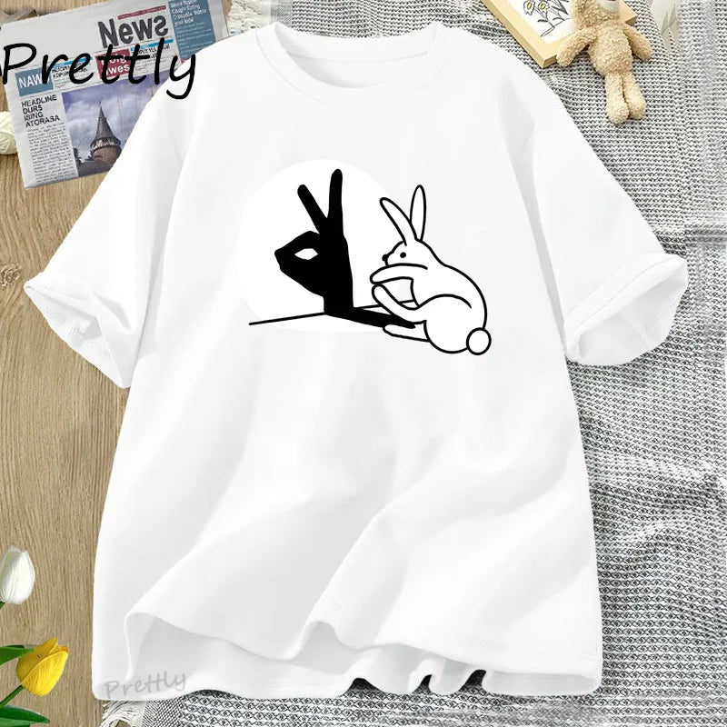 Funny Rabbit Hand Shadow T-Shirt Cute Cotton Short Sleeve T Shirt for Men Women Couple Short Sleeve Tops Harajuku Y2k Clothing